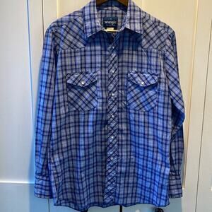 Men's Wrangler Blue Plaid Pearl Snap Long Sleeve Western Shirt Size M